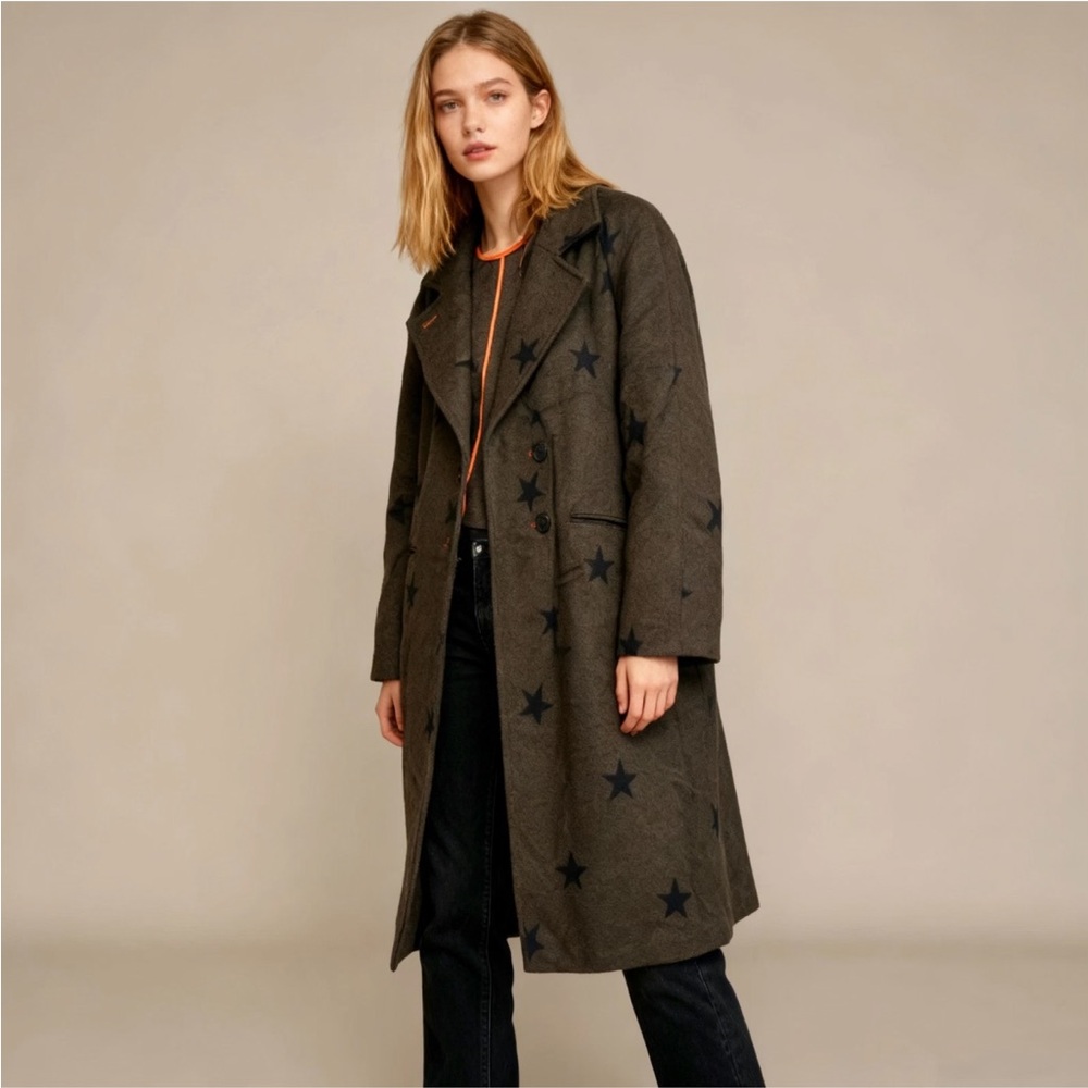 Anthropologie Wool Blend Green Star Double Face Trench Coat Olive Size M